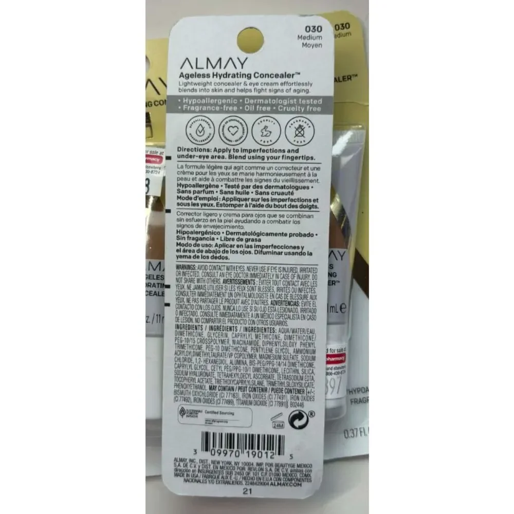 Almay Ageless Hydrating Concealer 030 Medium Hypoallergenic Lot of 3